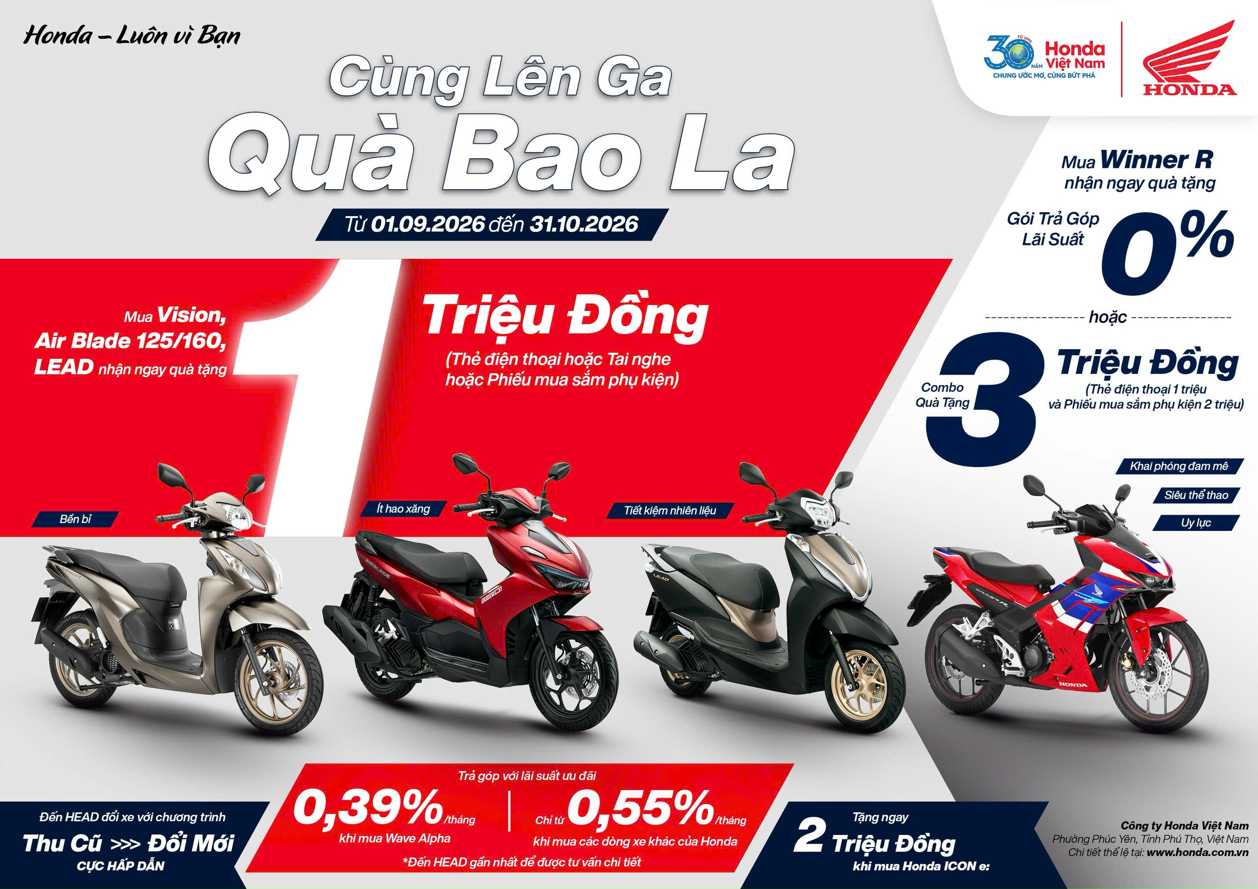Mua xe máy Honda Tháng 9: Quà Khủng, Giảm Sâu, Trả Góp 0%